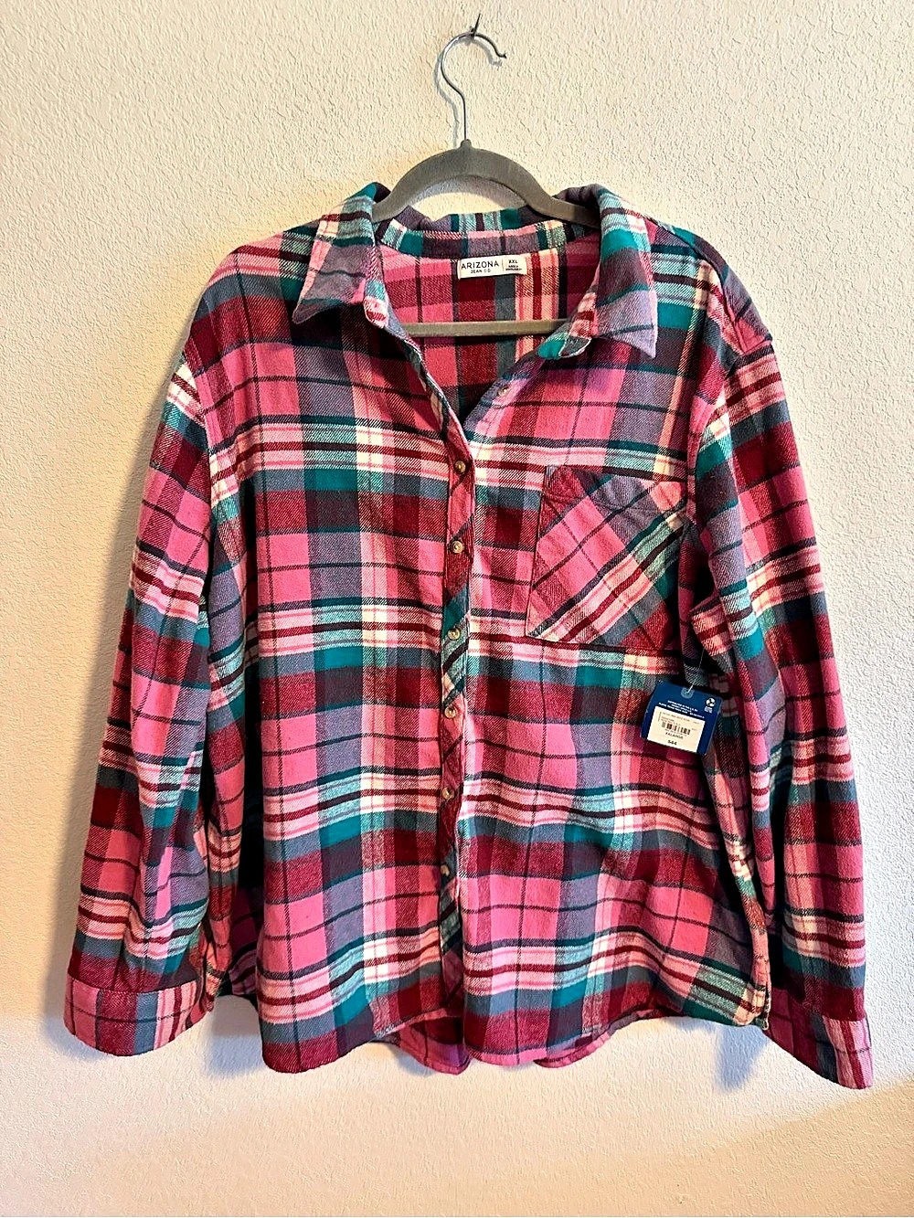 NWT Arizona Jean Co. Plaid Flannel Shirt in Pink & Green XXL